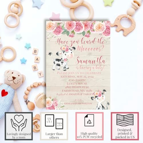 Amanda Creation Custom Baby Shower Invites Pink Cow Baby Shower Invitation 50 Pack 5x7 Custom Personalized Invites With Fifty White Envelopes - Image 2