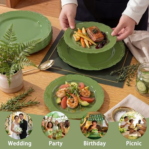 Tinybee 60PCS Green Plastic Plates - Heavy Duty Green Disposable Plates - Image 3