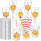 50 Pcs Fall Bow Pumpkin Plastic Party Cups, Thanksgiving Party Favor by ZCPTZ