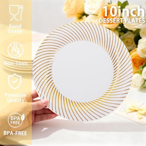 IOOOOO 100Pcs 10" Gold Plastic Dinner Plates, Heavy Duty Disposable Plates - Image 3