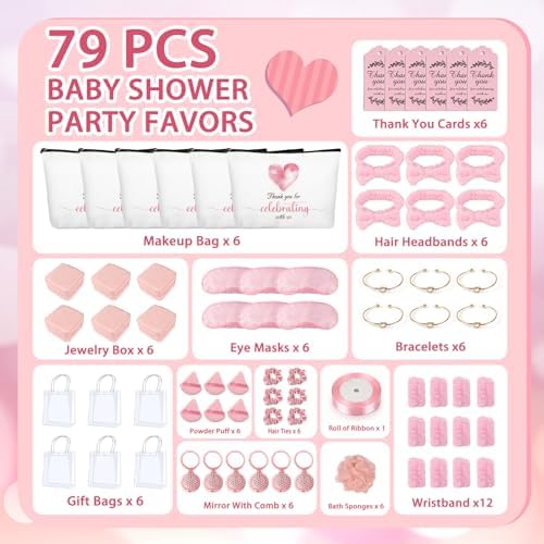 79 Pcs Baby Shower Game Prizes for Winners, Spa-Inspired Gift Set with "Thank You"-Makeup Bag, Jewelry Box, Eye Mask & Gift Bags for Baby Shower Game Prizes Wedding Bridal Shower Favors (Pink) - Image 2