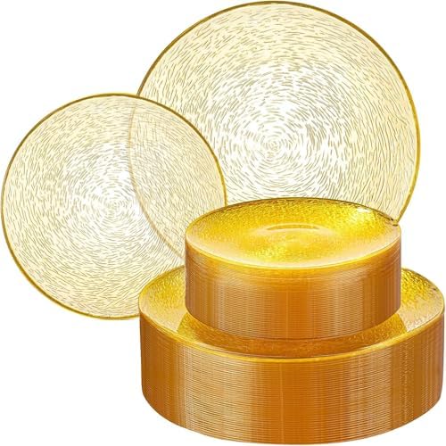 Liacere 60Pcs Yellow Plastic Plates - Yellow Disposable Plates With Gold Rim, Heavy-duty Gold Plates,Water ripples Party Plates Include 30 Dessert-Platos,30 Dinner-Platos for Party ＆ Summer & Wedding by Liacere
