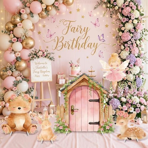 5Pcs Pink Fairy First Birthday Decorations, Large Bunny Bear Deer Fairy House Cardboard Cutout, Woodland Fairy Baby Shower Photo Booth Prop Princess Birthday Party Outdoor Indoor Decor - Image 4