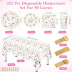 LemonRoad 452 Pcs Pink Floral Party Supplies for 50, Pink Floral Paper Plates Napkins Cups Tablecloth Cutlery Straws Disposable Tableware for Bridal Shower Baby Shower Birthday Tea Party Decorations - Image 3