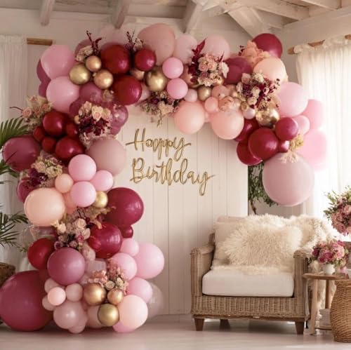 Burgundy Pink Balloon Garland Double Stuffed Pastel Pearl Pink Gold Mauve Balloons Maroon Latex Plum Balloon Arch Kit for Women's Birthday Wedding Baby Shower Decoration - Image 7