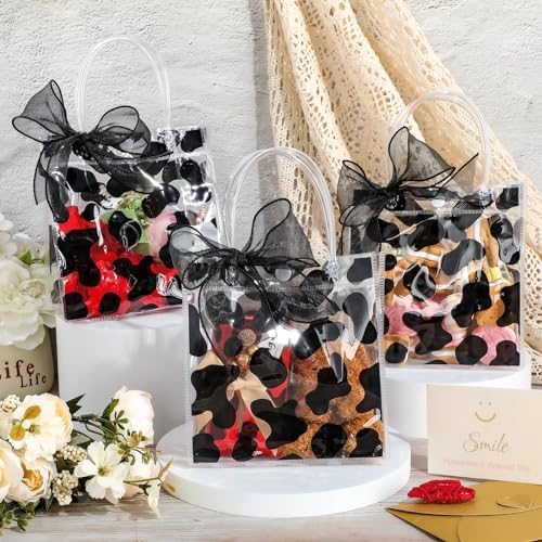Hosuly 24 Pcs Cow Print Clear Gift Bags with Handle, Transparent PVC Tote - Image 3