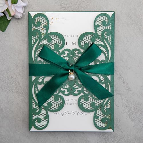 20Pcs Emerald Green Laser Cut Wedding Invitation Cards With Envelopes - Image 2