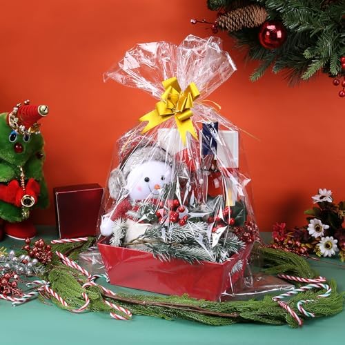AFOROEOA 10PACK Baskets For Gifts Empty, 10 x 8”Thick Red Gift Basket with 10 Clear Gift Bags and 10 Pull Bows, Empty Gift Baskets for Christmas, Thanksgiving Wedding Birthday Party Wrapping Gift - Image 4