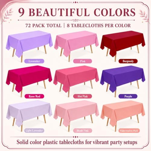 Newwiee 72 Pack Pink and Purple Plastic Tablecloths Bulk 54" x 72" - Image 3