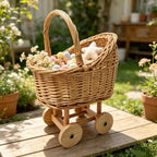 Wicker Stroller Flower Basket,Woven Rattan Pushcart Planter Basket for Wedding Baby Shower Centerpiece Candy Storage Home Decor (Small) - Image 5