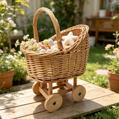 Wicker Stroller Flower Basket,Woven Rattan Pushcart Planter Basket for Wedding Baby Shower Centerpiece Candy Storage Home Decor (Small) - Image 5