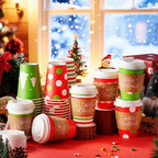 Mimorou 120 Pack Christmas Coffee Cups with Lids and Sleeves, 12 oz Disposable Paper Holiday Party Cups Printed with Snowflakes, Christmas Trees, Stripes and Polka Dots for Xmas Party Supplies - Image 7