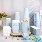 Whaline 100 Pcs Light Blue Disposable Coffee Cups with Lids and Sleeves 16 Oz Insulated To Go Paper Cups for Winter Home Restaurant Travel Wedding Birthday Baby Shower Party Supplies - Image 5