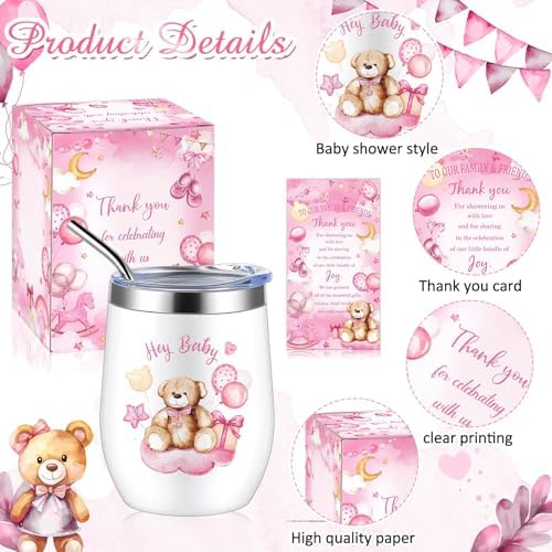 Hoolerry 6 Set Baby Shower Cups, 12oz Stainless Steel Tumbler, Pink Bear - Image 3