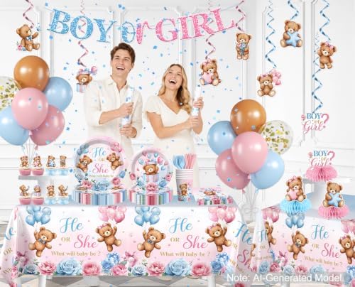 Xynic 205pcs Bear Gender Reveal Decorations Tableware Set, for 25 Guests - Image 3