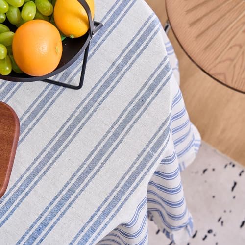 vctops Farmhouse Navy Stripe Ruffle Table Cloth, Boho Cotton Linen Tablecloth, Washable Table Cover for Round Table Baby Shower Kitchen Party Wedding Decor (Navy A,70") - Image 6