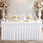 Wish Care 2 Pack White Spandex Table Clothes for 8 Foot Rectangle Tables, 8FT Wrinkle Free Fitted Tablecloths Ruffles Design Table Cover for Party, Banquet, Wedding and Events - Image 6