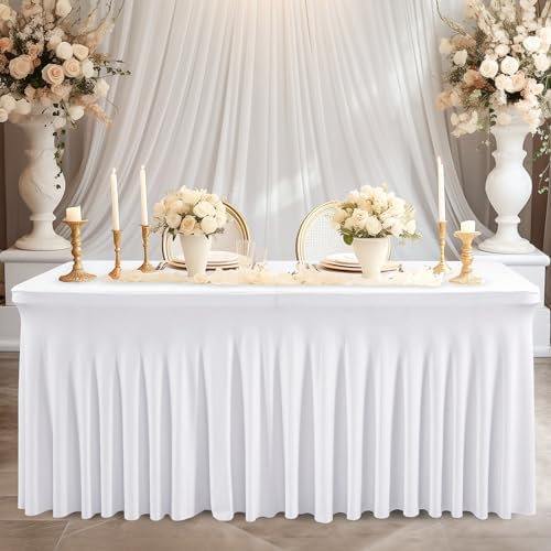 Wish Care 2 Pack White Spandex Table Clothes for 8 Foot Rectangle Tables, 8FT Wrinkle Free Fitted Tablecloths Ruffles Design Table Cover for Party, Banquet, Wedding and Events - Image 6