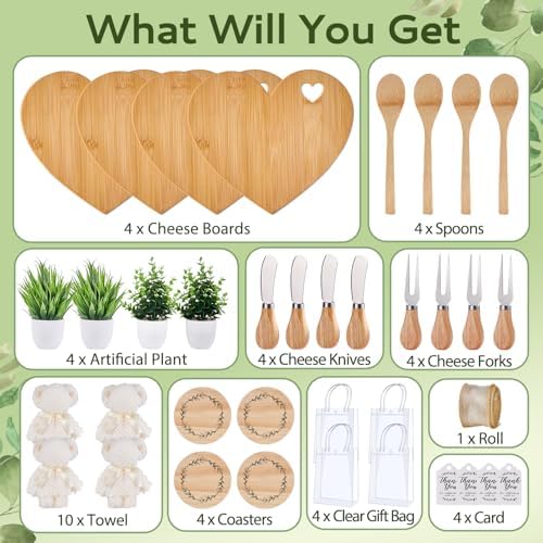 38Pcs Baby Shower Prizes for Game Winners Bamboo Cheese Board Fork Butter Spreaders Coasters Towel Artificial Potted Plant Gift Bag for Baby Shower Bridal Shower Favors (4 Sets, Bamboo Heart Shaped) - Image 4