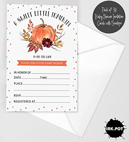 Pack of 30, Boy Baby Shower Party Collection, Baby Shower Invitation Cards, Fill in the Blank Invites WIth Envelopes, Little Pumpkin Theme Party Supplies - Image 2