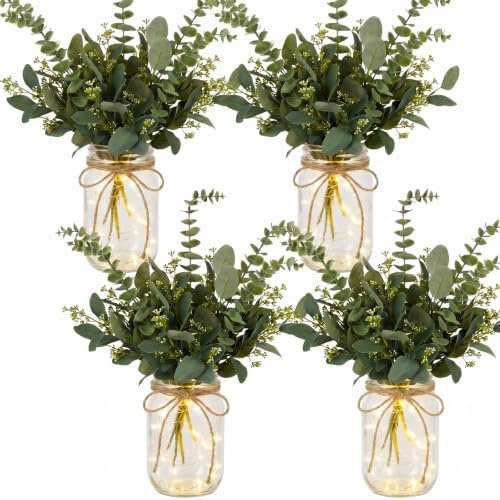 4 Sets Eucalyptus Mason Jar Centerpiece with LED Lights for Wedding by Tianxunewtig