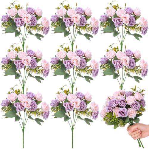 Zeyune 8 Pack 12 Inch Artificial Rose Bouquet, Purple and Pink by Zeyune