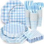 400 Pcs Gingham Party Supplies for 50 Guests Blue and White Scalloped Paper Plates and Napkins Knives Spoons Forks Cups Disposable Checkered Dinner Party Set for BBQ Baby Shower Wedding by Unknown