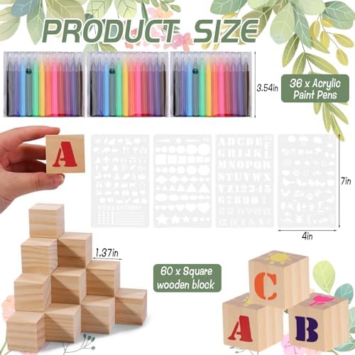 101 Pcs Baby Shower Blocks Games Sets, Baby Coloring Blocks for Baby Shower, 60 DIY 3.5cm Blank-Wooden-Block 4 Large-Stencils 36 Colorful-Marker 1 Decorate-Wooden-Sign, Baby Shower Blocks to Decorate - Image 2