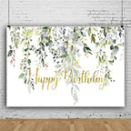 Leowefowa 10x8ft Green Gold Eucalyptus Leaves Photography Background Happy Birthday Backdrop for Baby Shower Gender Reveal Photo Party Decorations Banner Photo Booth Studio Shoot Props by Leowefowa