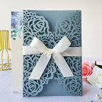 50Pcs Personalized Dusty Blue Wedding Invitations Cards Kits 5'' x 7.3'' Laser Cut Hollow Rose Flora Pocket with Envelopes for Wedding Bridal Shower Quinceanera Invite - Image 2