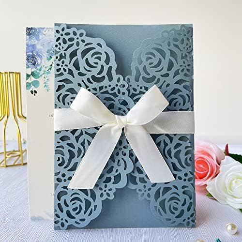 50Pcs Personalized Dusty Blue Wedding Invitations Cards Kits 5'' x 7.3'' Laser Cut Hollow Rose Flora Pocket with Envelopes for Wedding Bridal Shower Quinceanera Invite - Image 2