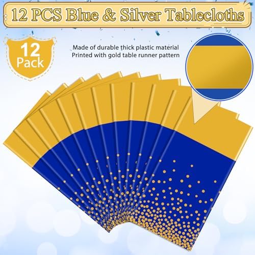 12Pcs Blue Gold Tablecloth Party Decorations,Plastic Royal Blue Table Cloth Printed Gold Tables Runner Disposable Rectangle Table Cover for Birthday Anniversary Wedding Graduation Party,54 x108 Inch - Image 4