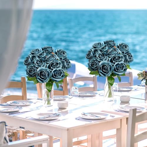 48 PCS Teal Roses Artificial Flowers, Silk - Image 6