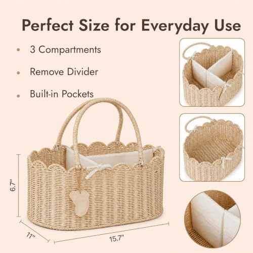 YANGQIHOME Diaper Caddy Organizer, Rattan Baby Basket, Scalloped Diaper Caddy - Image 2
