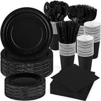 durony 350 Pieces Black Paper Dinnerware Set 7 Inch 9 Inch Disposable Dinner Plates Serve 50 Guests Paper Cup Cutlery Napkins Solid Color Party Supplies for Birthday Wedding Party Family Picnic by durony