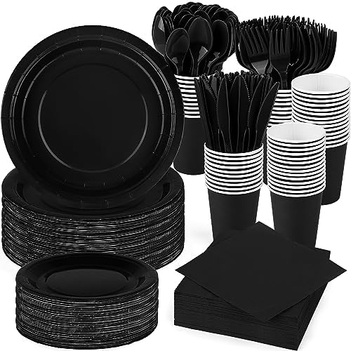 durony 350 Pieces Black Paper Dinnerware Set 7 Inch 9 Inch Disposable Dinner Plates Serve 50 Guests Paper Cup Cutlery Napkins Solid Color Party Supplies for Birthday Wedding Party Family Picnic by durony