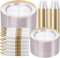 SUT 350 Pcs Gold and Clear Plastic Dinnerware Set for 50 Guests, Include: 50 Dinner Plates, 50 Dessert Plates, 50 Pre Rolled Napkins With Silverware, 50 Cups, Disposable Plates for Party, Wedding by SeeYouTomorrow