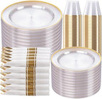 SUT 350 Pcs Gold and Clear Plastic Dinnerware Set for 50 Guests, Include: 50 Dinner Plates, 50 Dessert Plates, 50 Pre Rolled Napkins With Silverware, 50 Cups, Disposable Plates for Party, Wedding by SeeYouTomorrow