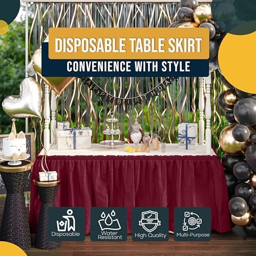 Exquisite Burgundy Table Skirt 48 Pack - Disposable Plastic Table Skirts for Rectangle Tables 6ft 8ft & Round Tables - 29in x 14ft Self-Adhesive Strip - Birthday Wedding Gender Reveal Decor - Image 6