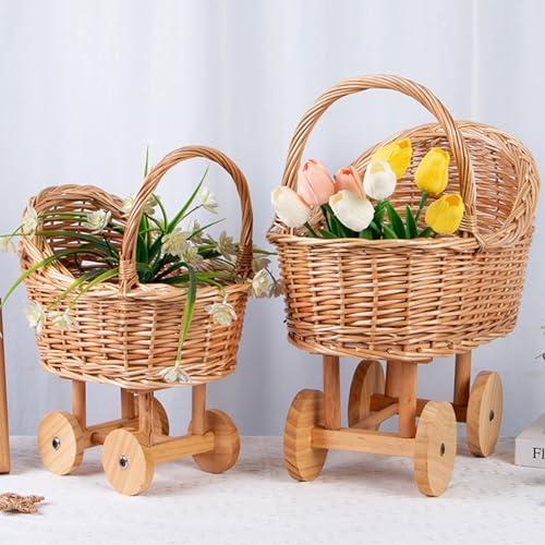 Woven Rattan Stroller Shaped Flower Basket, Vintage Wicker Baby Carriage Planter for Floral Arrangements, Baby Shower Wedding Party Decor Centerpieces for Tables, Floral Rustic Home Decor (Small) - Image 4