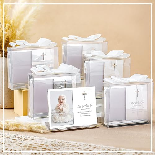 Vercraft 24 Set Baptism Picture Frame 3.5 x 5 Acrylic Baby Shower Baptism Favor Christening Gifts for Boy Girl with Plastic Crystal Boxes and Satin Ribbon Bows for Religious First Communion(White) - Image 4