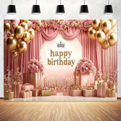 Rose Gold Birthday Backdrop Banner Pink Balloon Floral Rose Photography Background for Girls Women Gold Birthday Party Wedding Baby Shower Decor Photo Booth Supplie, 15X10 Ft by Viajar