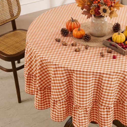 Romanstile Fall Gingham Ruffled Round Tablecloth, 70 Inch Orange - Image 2
