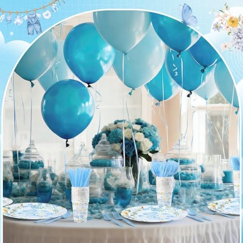400 Pcs Blue Wildflower Boy Baby Shower Party Decoration for 50, a Sweet Baby Is on His Way Floral Paper Plates Napkins and Cups Cutlery Tableware Set for Boy Shower Party Supplies - Image 4
