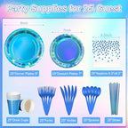 Iridescent Blue Party Supplies Decorations Serve 50, Holographic Blue Paper Plates and Napkins, Disposable Iridescent Party Plates Cups Napkins for Wedding Anniversary Birthday Bridal Shower Party - Image 2