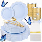 WDF 175Pcs Blue Plastic Plates - Heavy Duty Baby Blue Plates Disposable - 25Guests Plastic Dinnerware Ideal for Parties/Wedding/Baby Shower/Spring/First Communion/Father‘s Day by WDF