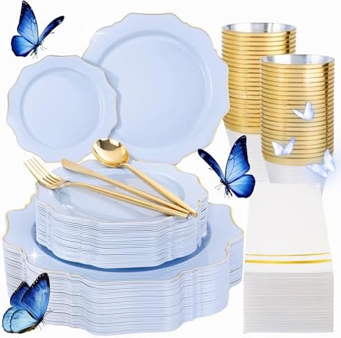 WDF 175Pcs Blue Plastic Plates - Heavy Duty Baby Blue Plates Disposable - 25Guests Plastic Dinnerware Ideal for Parties/Wedding/Baby Shower/Spring/First Communion/Father‘s Day by WDF