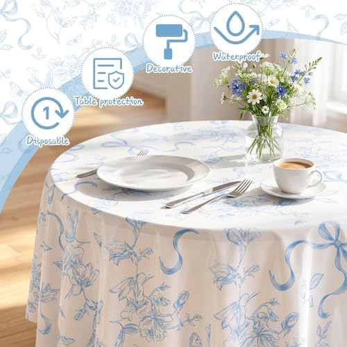Ganeen 12 Pcs Blue Bow Floral Round Tablecloth 84 in Disposable Table Cover - Image 4