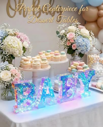 AceList Iridescent Baby Marquee Letters for Baby Shower - 7.87 Inch Light Up Sign for Table Centerpiece & Backdrop, Holographic 70 LED Decor for Gender Reveal, Nursery Room, Birthday Party Supplies - Image 4