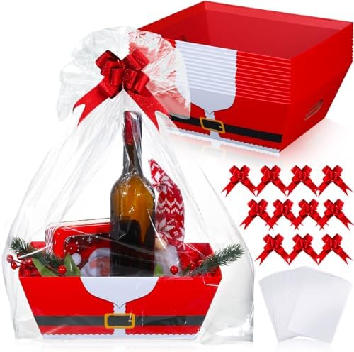 Cholemy 12 Pack 12x10x4 Christmas Gift Baskets Empty Bulk, Includes 12 Santa Cardboard Baskets with Handles, 12 Plastic Bags and 12 Bows, Cardboard Tray Large Gift Baskets Kit for Holiday by Cholemy
